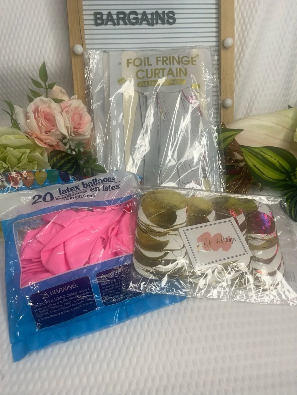 Foil Fringe Curtain & Pink Latex Balloons Party Kit gold hearts